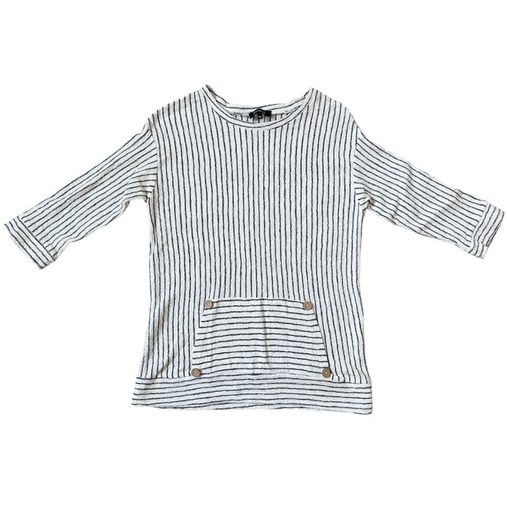 Roolee Black White Striped 3/4 Sleeve Cotton Blend Front Pocket Casual Top Sz XS